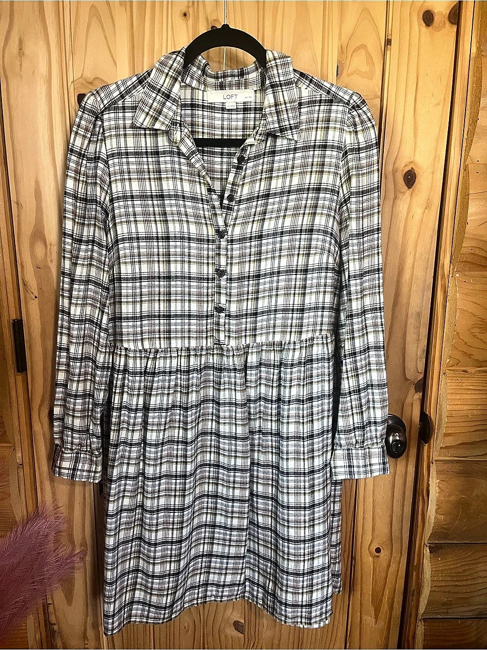 LOFT Plaid Midi Dress in White & Black